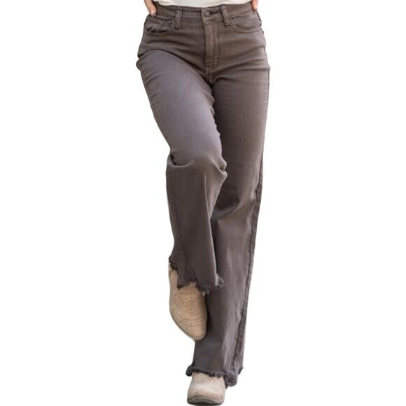 Judy Blue 90's High Rise Frayed Hem Straight Fit Jeans Stretch Denim Brown 11/30 - Picture 1 of 5